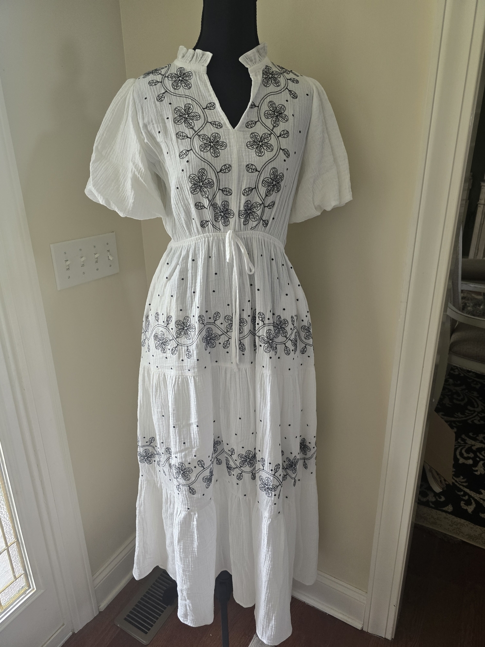 White Embroidered Floral Midi Dress